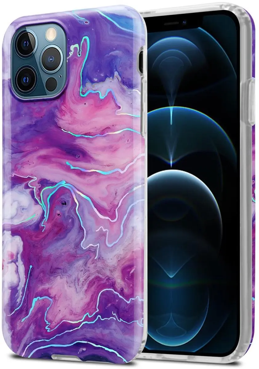 Cadorabo Hoesje geschikt voor Apple iPhone 12 PRO MAX in Paars Roze Marmer No. 1