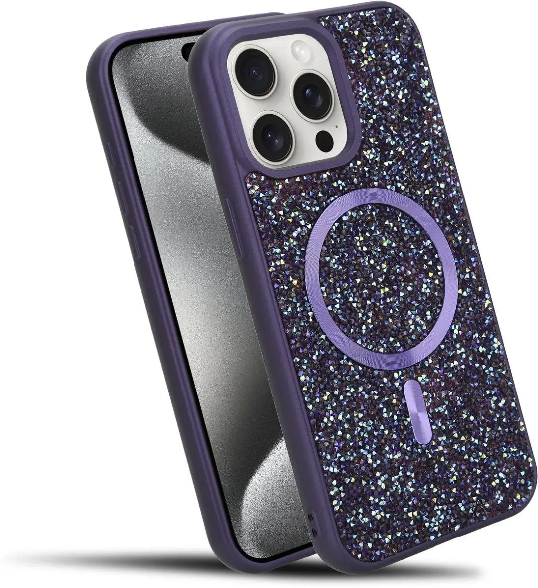 Hoesje geschikt voor iPhone 15 PRO MAX in Paars Diamant Glitter Stijl