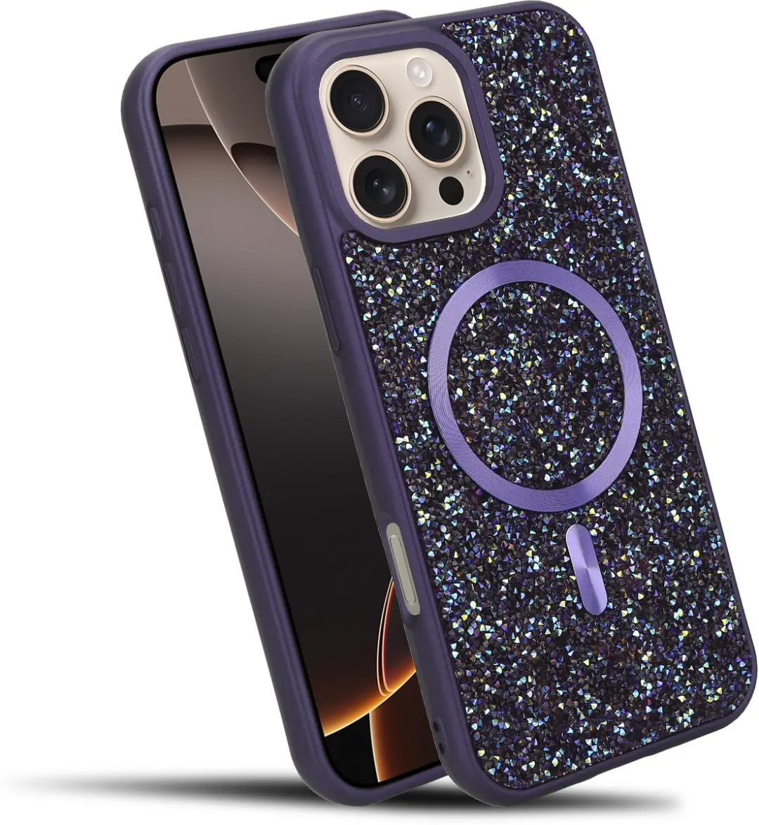 Hoesje geschikt voor iPhone 16 PRO MAX in Paars Diamant Glitter Stijl