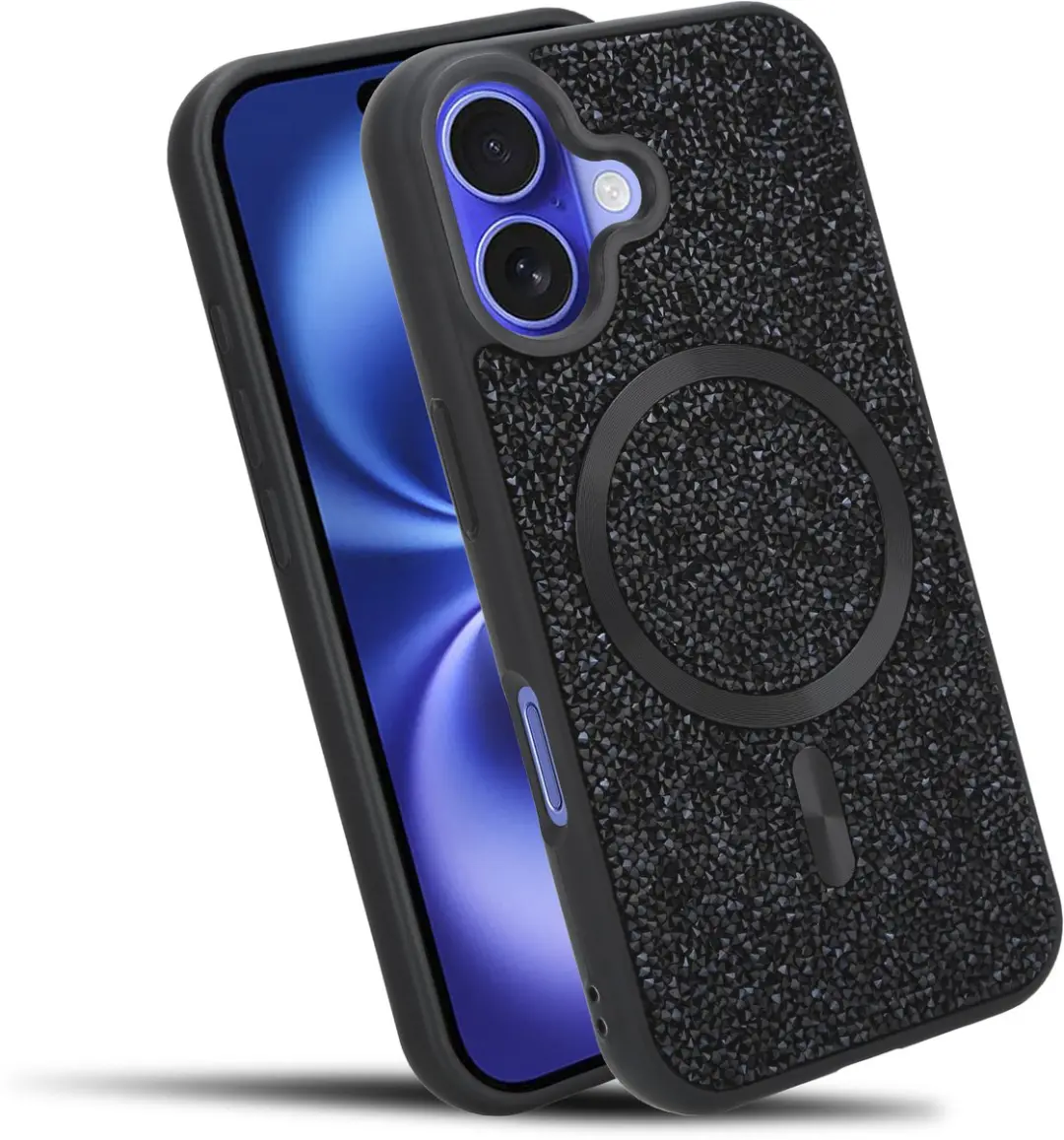 Hoesje geschikt voor iPhone 16 PLUS in Zwart Diamant Glitter Stijl
