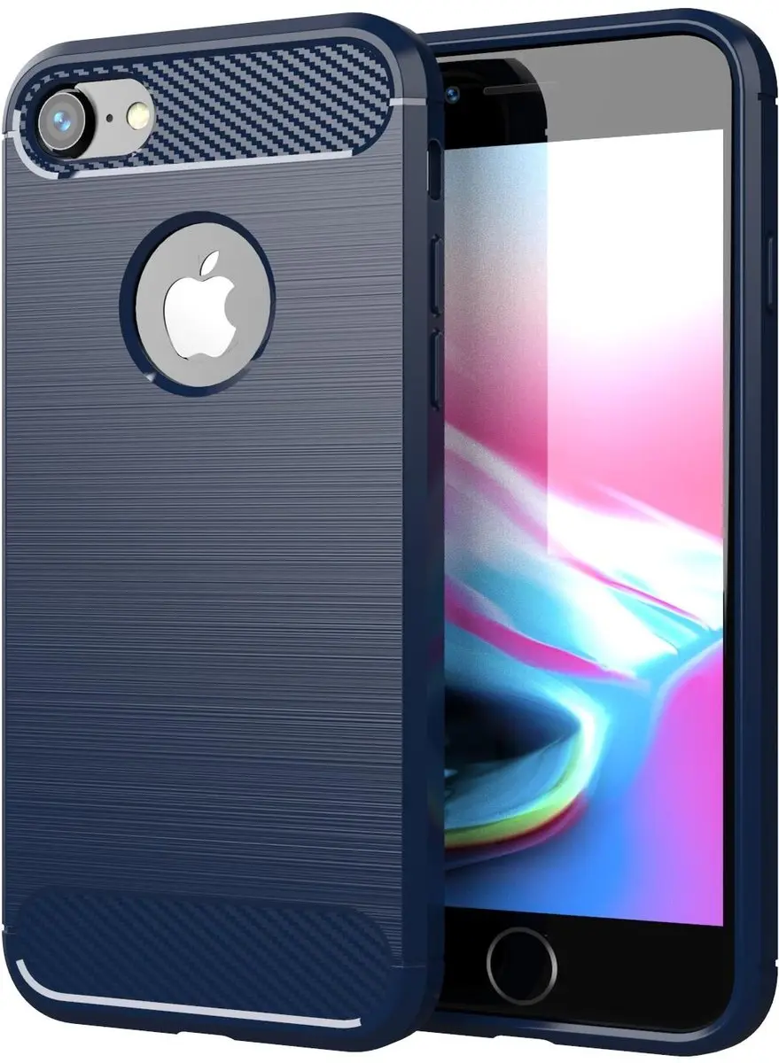 Cadorabo Hoesje geschikt voor Apple iPhone 7 / 7S / 8 in BRUSHED BLAUW - Beschermhoes van flexibel TPU siliconen in roestvrij staal-carbonvezel look Case Cover
