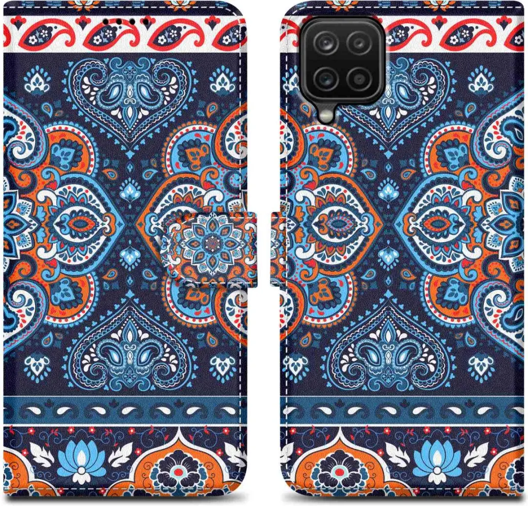 Cadorabo Hoesje geschikt voor Samsung Galaxy A12 / M12 - Design Blauwe Mandala No. 1 - Beschermhoes Case Cover met magnetische sluiting, standaardfunctie en kaartvakje