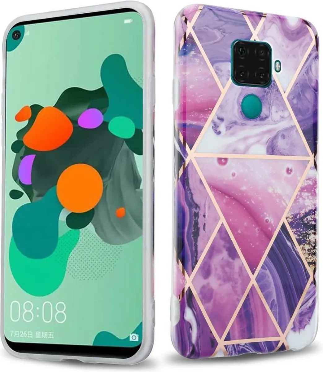 Cadorabo Hoesje geschikt voor Huawei MATE 30 LITE in Paars Golf Marmer No. 14