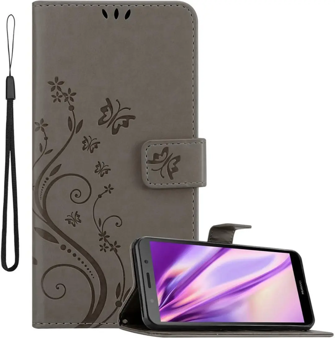 Cadorabo Hoesje geschikt voor Huawei Y5 PRIME 2018 / Y5 2018 in BLOEMEN GRIJS