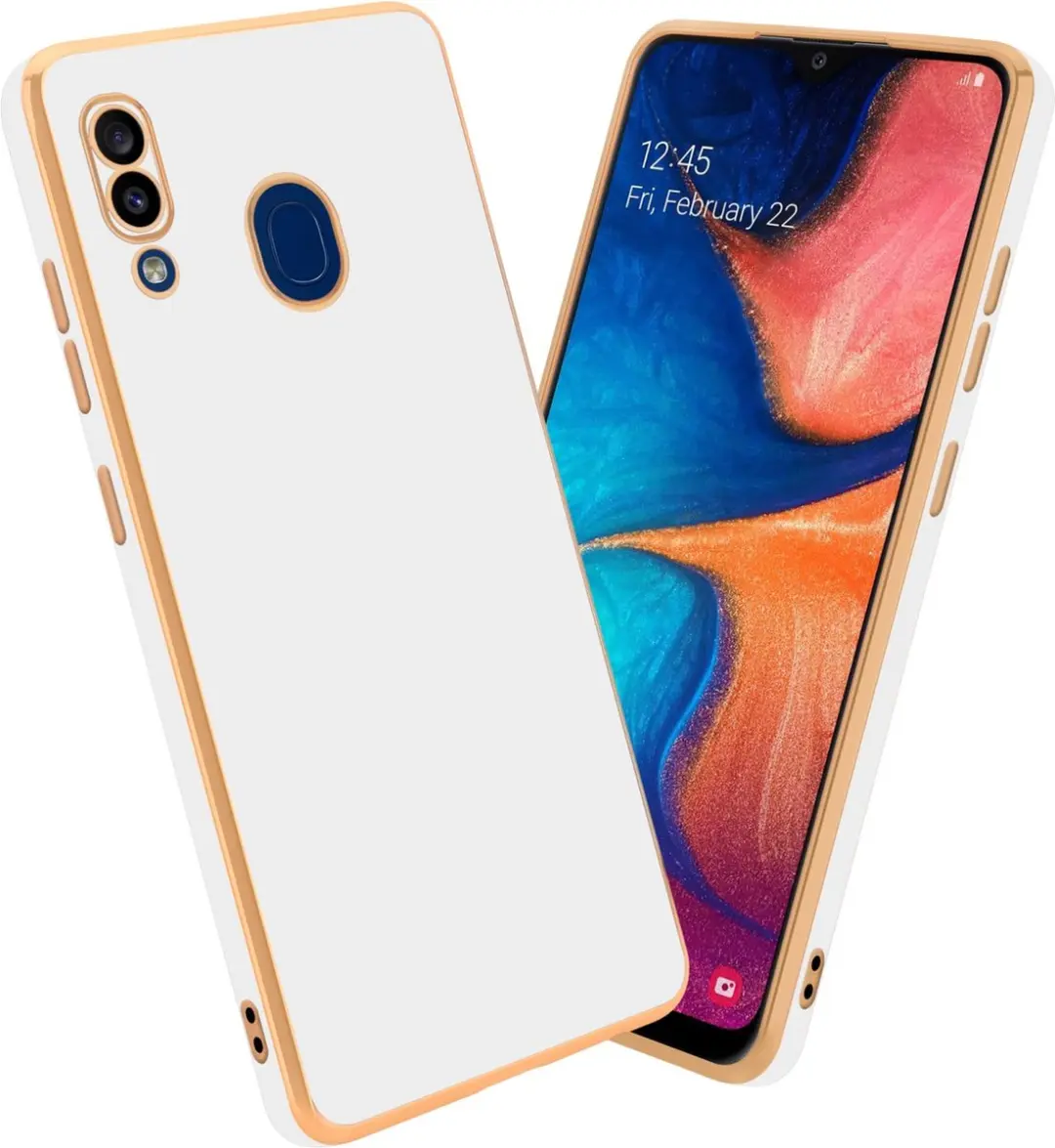 Cadorabo Hoesje geschikt voor Samsung Galaxy A20 / A30 / M10s in Glossy Wit - Goud - Beschermhoes Case Cover van flexibel TPU-silicone en met camerabescherming