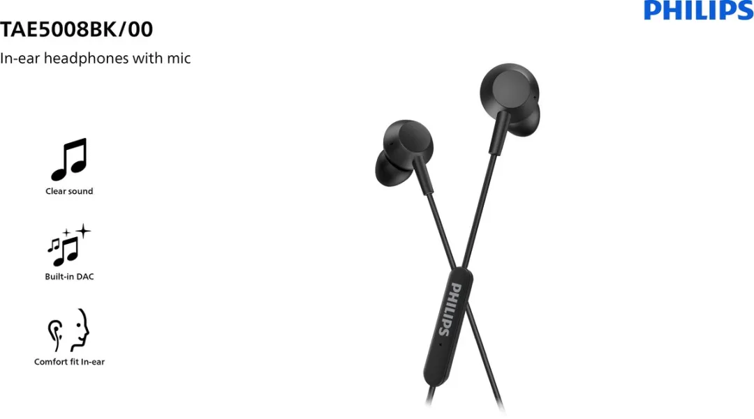 PHILIPS TAE5008 Oordopjes bedraad | USB-C | 1,2 m Kabel | Afstandsbediening 3 Knoppen | 3 Maten Oordopjes | Comfortabele | Helder Geluid en Krachtige Bass | Zwart