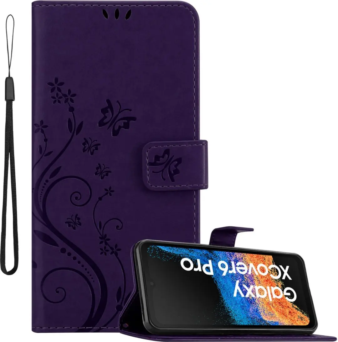 Cadorabo Hoesje geschikt voor Samsung Xcover 6 Pro in BLOEMEN DONKER PAARS - Beschermhoes in bloemmotief met magnetische sluiting, standfunctie en kaartsleuven Book Case Cover Etui