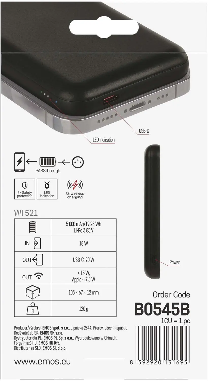Emos WI 521 Powerbank B0545B - 5000mAh 20W - Zwart - afbeelding 3 van 6