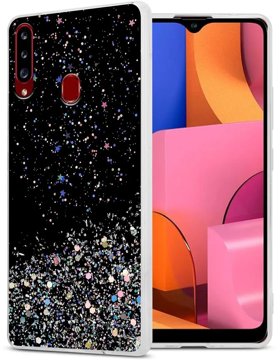 Cadorabo Hoesje geschikt voor Samsung Galaxy A20s in Zwart met Glitter - Beschermhoes van flexibel TPU silicone met fonkelende glitters Case Cover Etui