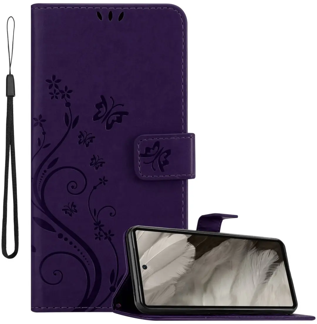 Cadorabo Hoesje geschikt voor Google Pixel 7A in BLOEMEN DONKER PAARS - Beschermhoes in bloemmotief met magnetische sluiting, standfunctie en kaartsleuven Book Case Cover Etui
