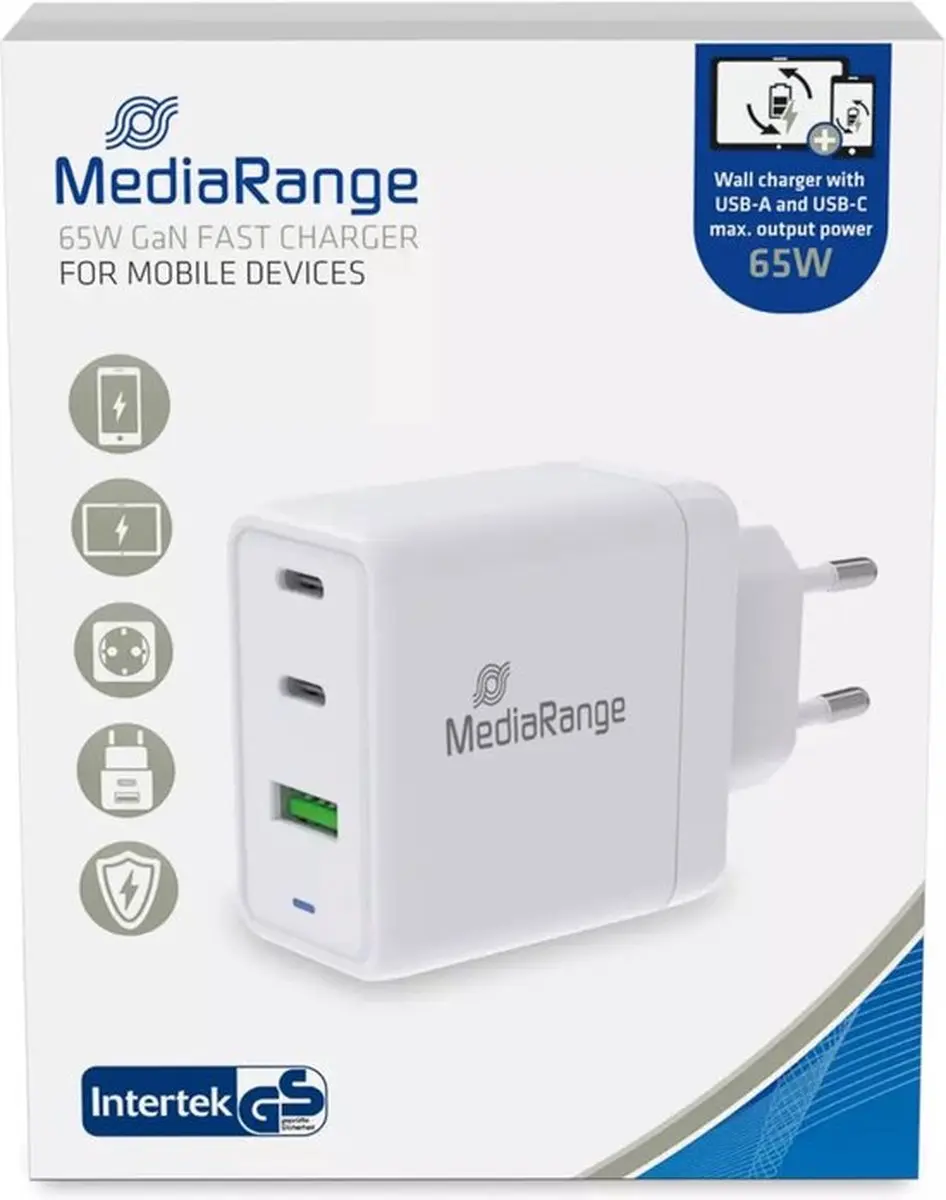 MediaRange GaN oplaadadapter, 65 W, 3-poorts stekkeradapter met snellaadfunctie,
