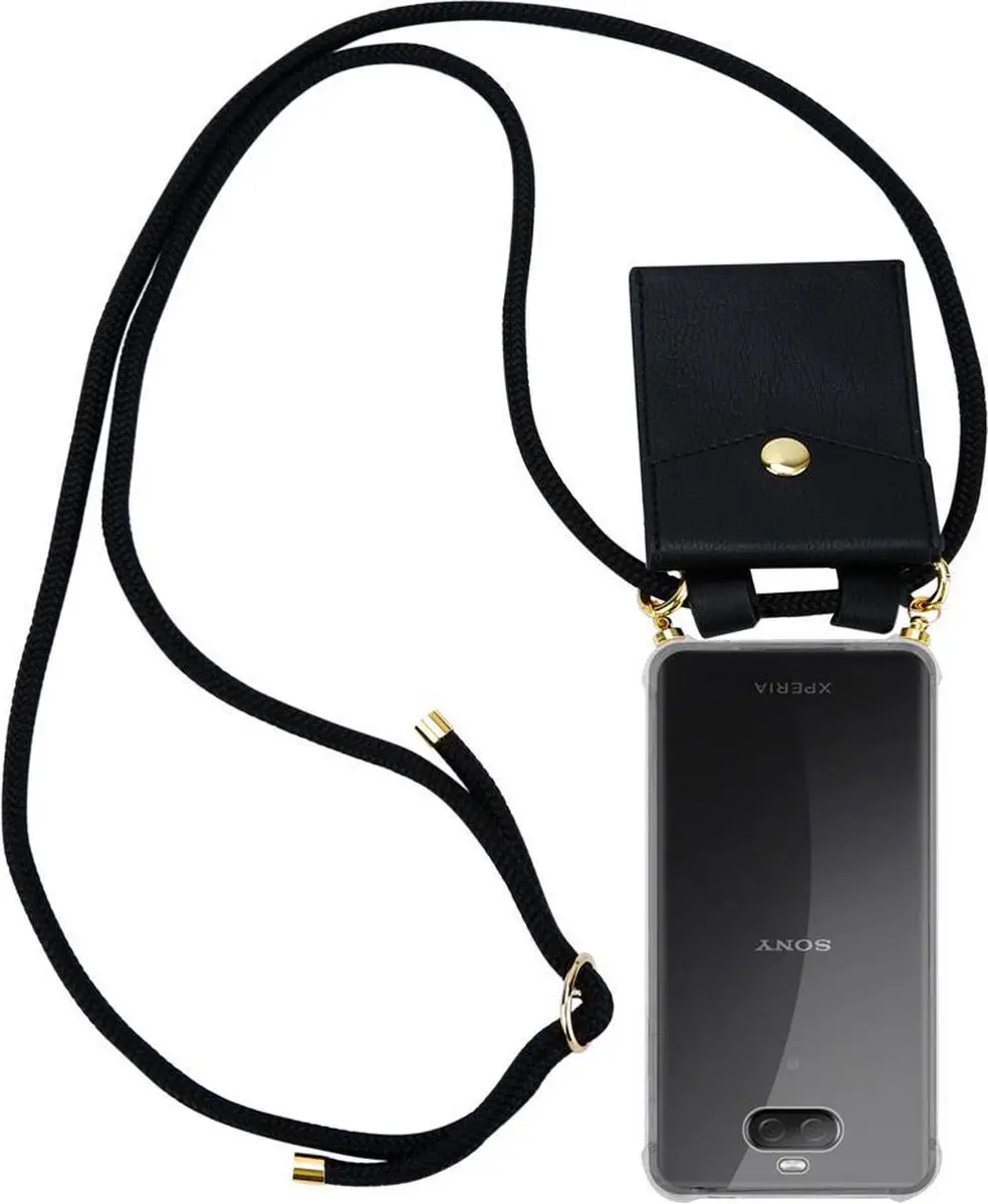 Cadorabo Hoesje geschikt voor Sony Xperia 10 PLUS in ZWART - Silicone Mobiele telefoon ketting beschermhoes met gouden ringen, koordriem en afneembare etui