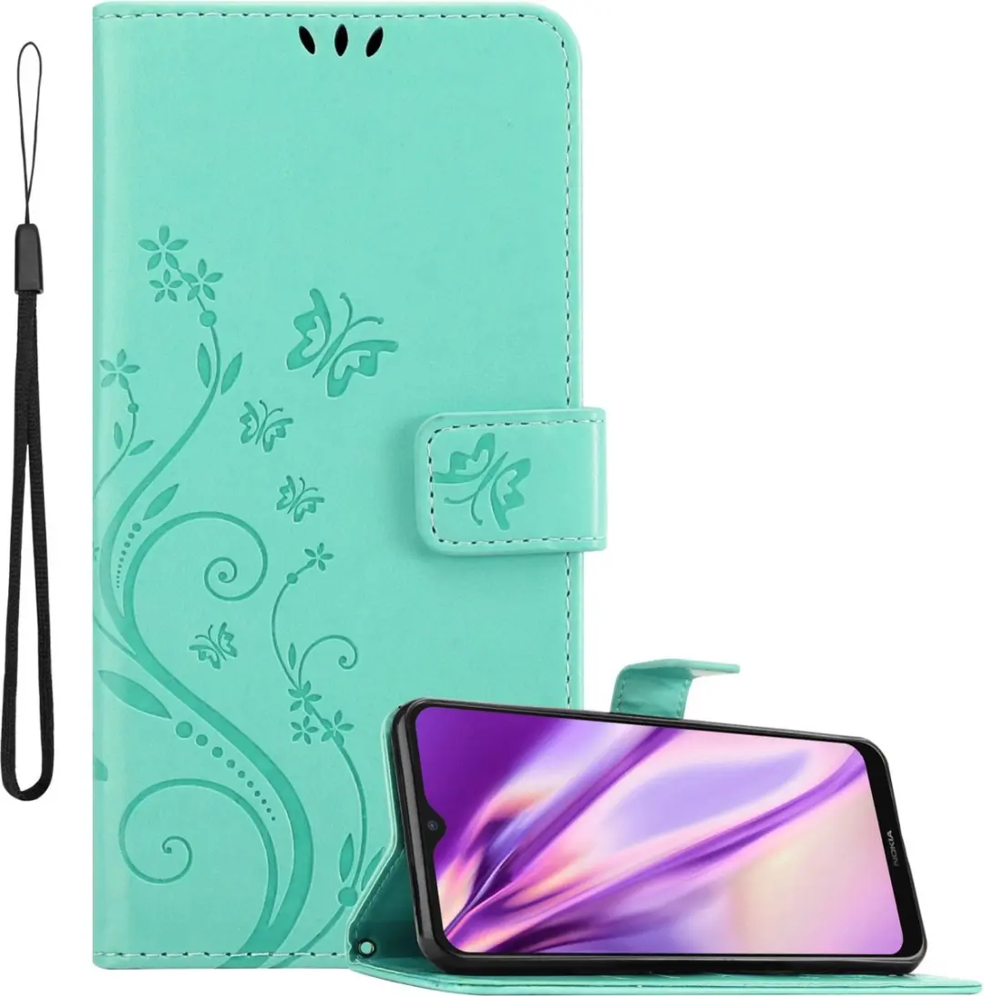 Cadorabo Hoesje geschikt voor Nokia G50 5G in BLOEMEN TURKOOIS - Beschermhoes in bloemmotief met magnetische sluiting, standfunctie en kaartsleuven Book Case Cover Etui