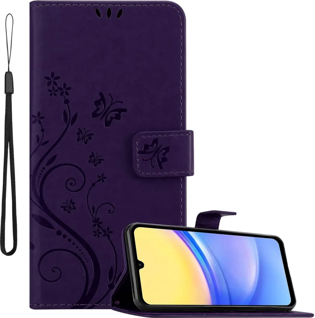 Cadorabo Hoesje geschikt voor Samsung Galaxy A15 in BLOEMEN DONKER PAARS - Beschermhoes in bloemmotief met magnetische sluiting, standfunctie en kaartsleuven Book Case Cover Etui