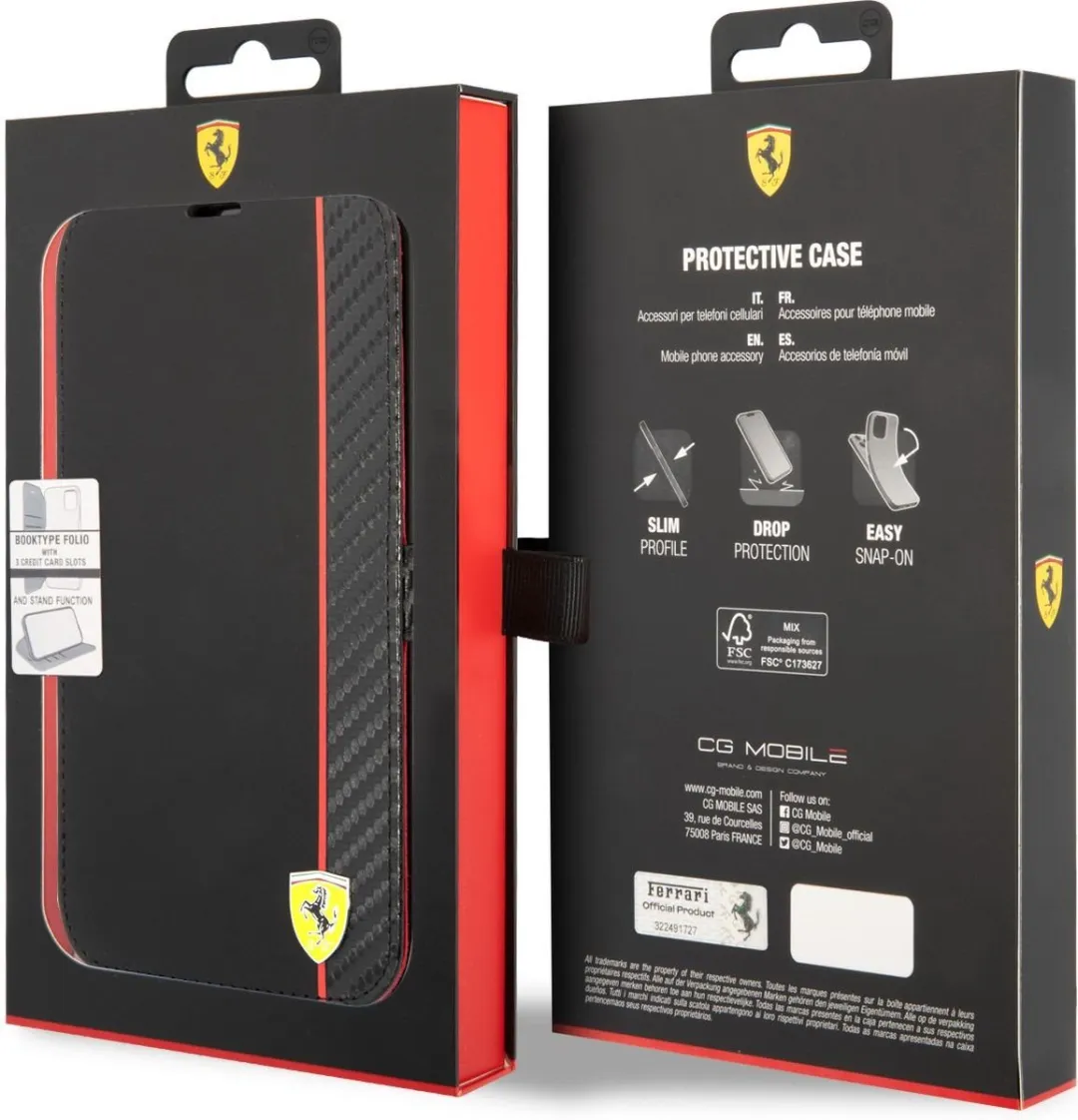 Ferrari Smooth Carbon Book Case FESCBKIP14L - iPhone 14 Pro Max - 3 Pasjes - Zwart