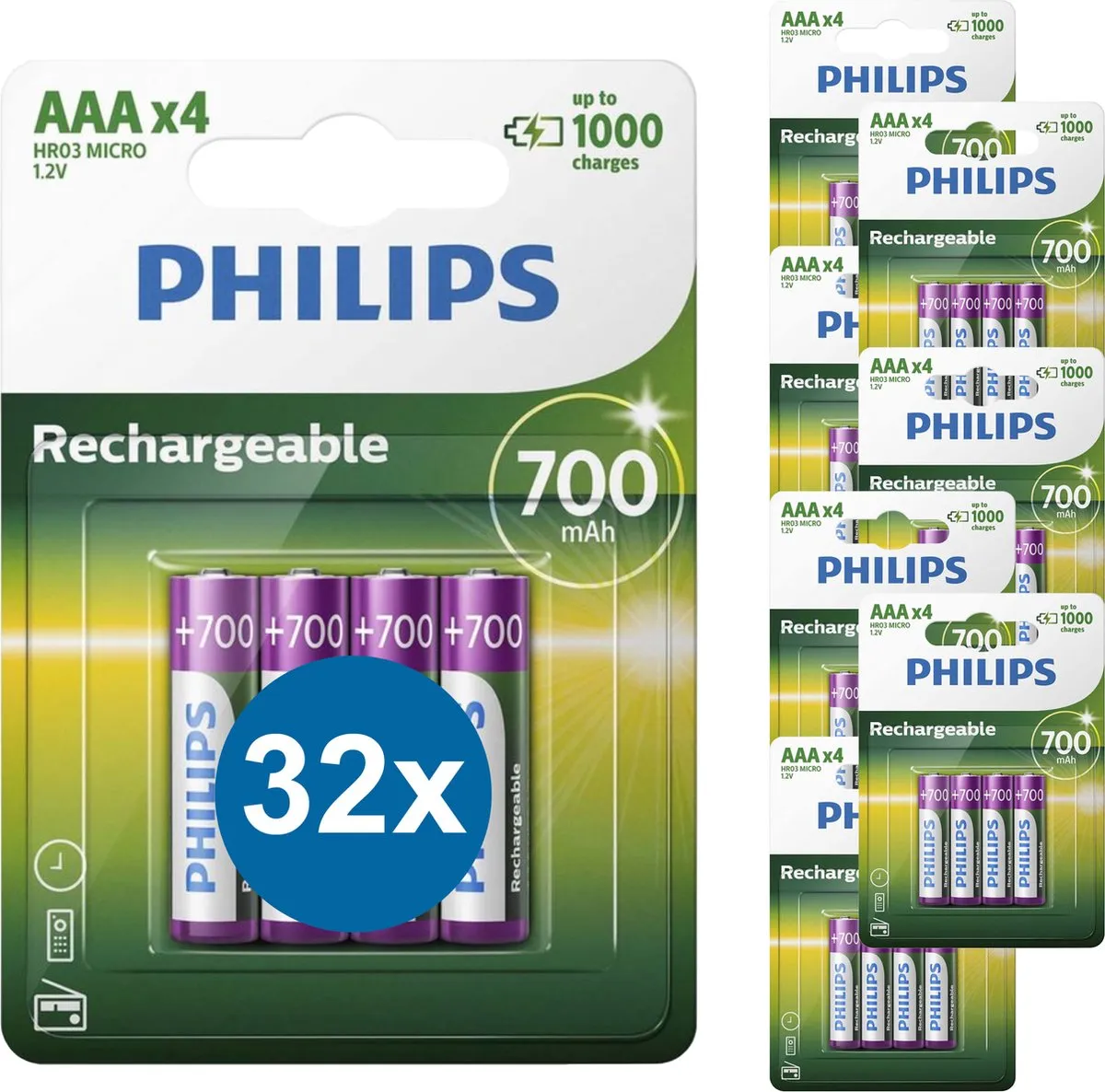 Philips HR03 Oplaadbare AAA Batterijen 700mAh - 32 Stuks