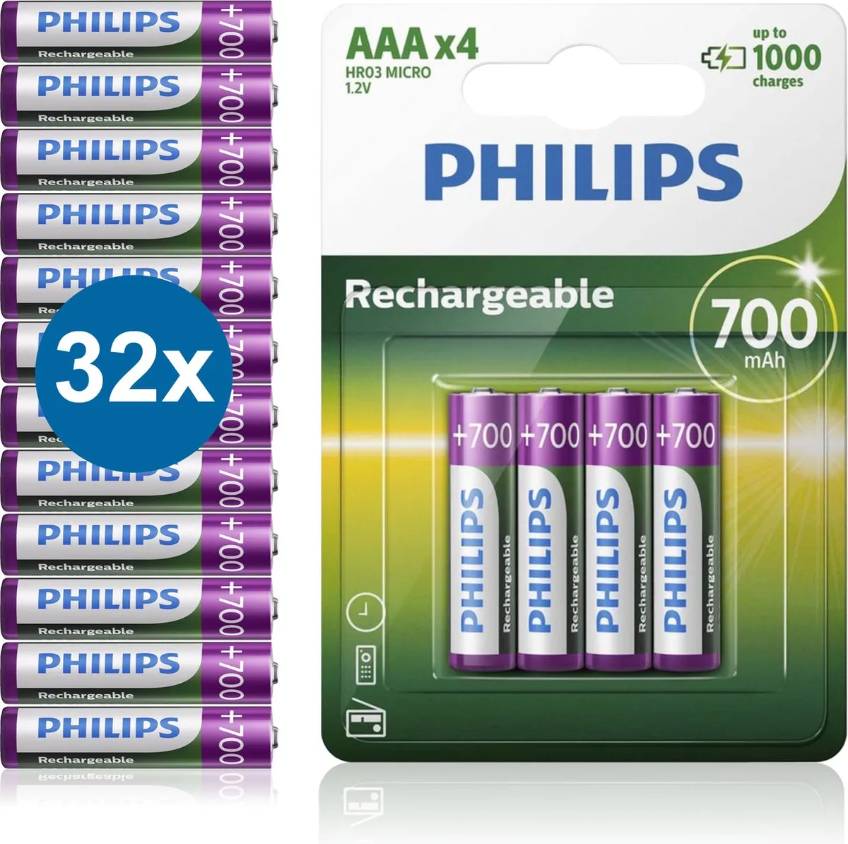 Philips HR03 Oplaadbare AAA Batterijen 700mAh - 32 Stuks
