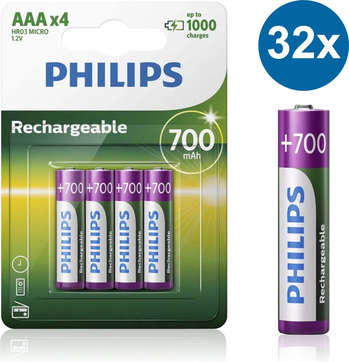 Philips HR03 Oplaadbare AAA Batterijen 700mAh - 32 Stuks - afbeelding 6 van 6