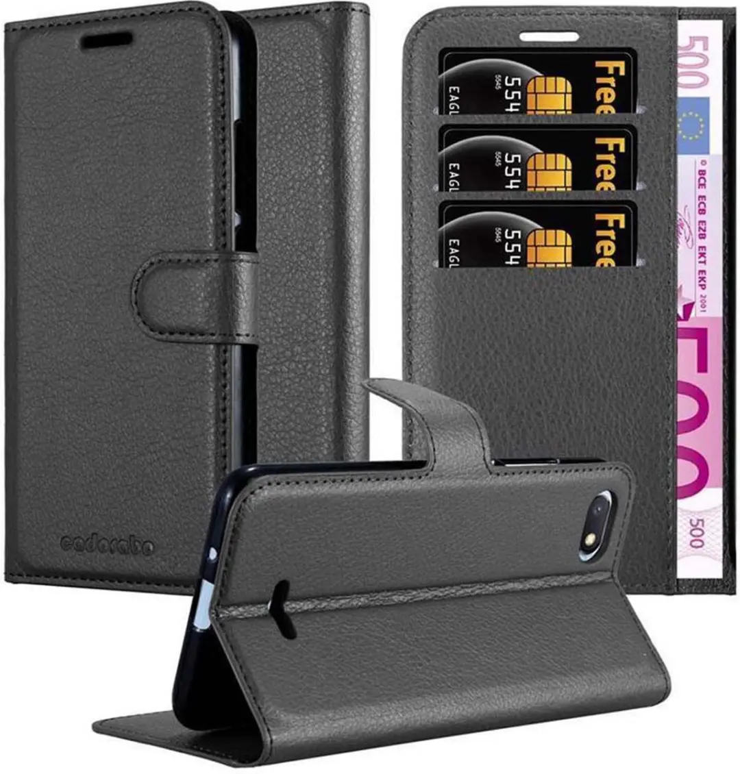 Cadorabo Hoesje geschikt voor Xiaomi RedMi 6A in PHANTOM ZWART - Beschermhoes met magnetische sluiting, standfunctie en kaartvakje Book Case Cover Etui