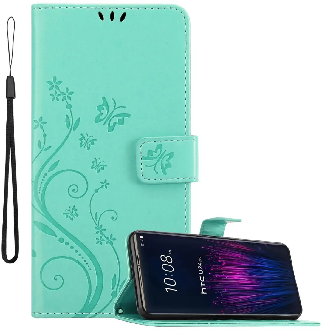 Cadorabo Hoesje geschikt voor HTC U24 PRO in BLOEMEN TURKOOIS - Beschermhoes in bloemmotief met magnetische sluiting, standfunctie en kaartsleuven Book Case Cover Etui