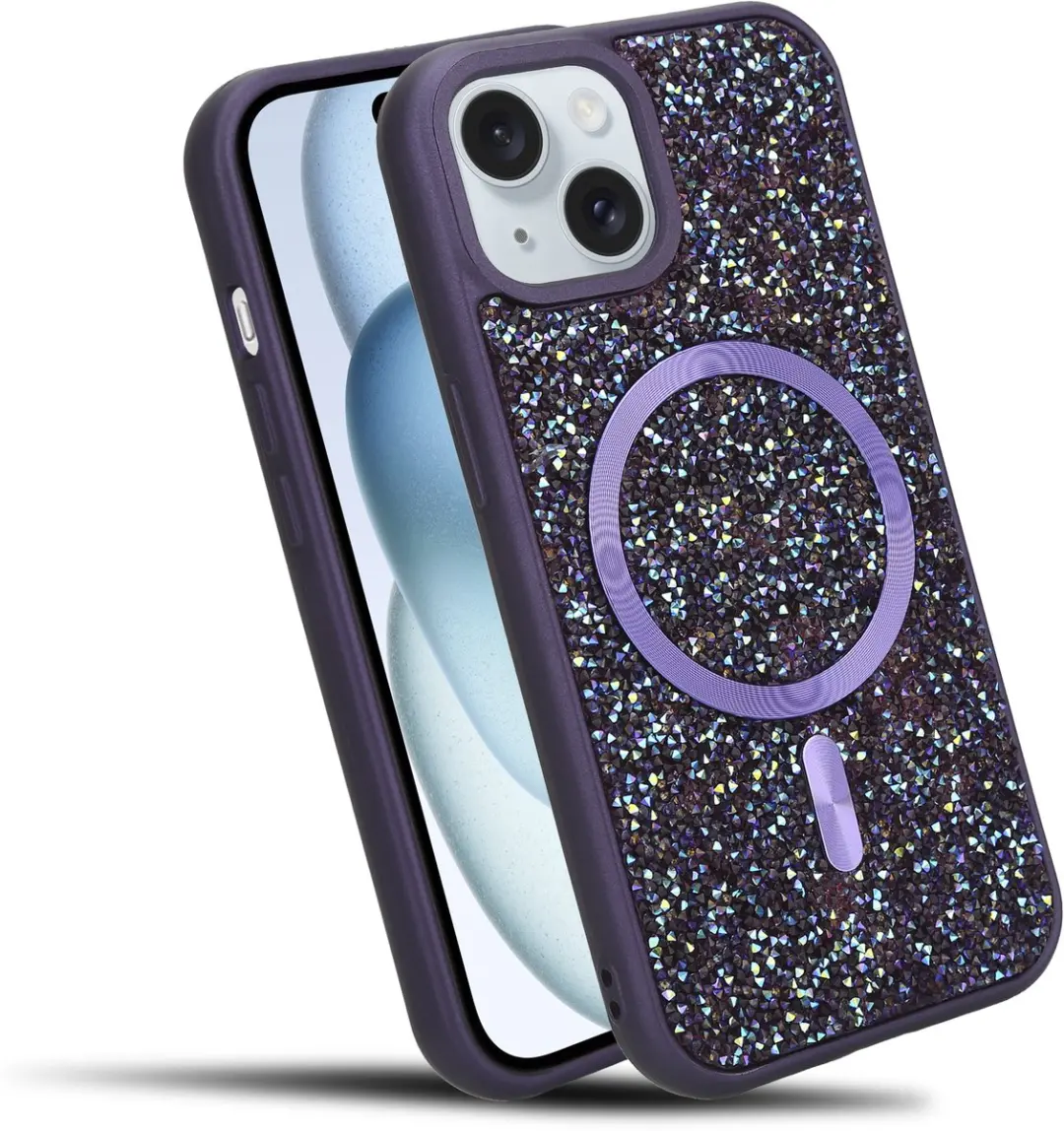 Hoesje geschikt voor iPhone 14 PLUS / 15 PLUS in Paars Diamant Glitter Stijl