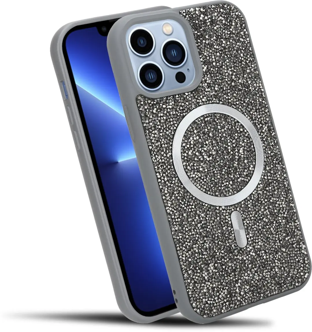 Hoesje geschikt voor iPhone 13 PRO in Grijs Diamant Glitter Stijl