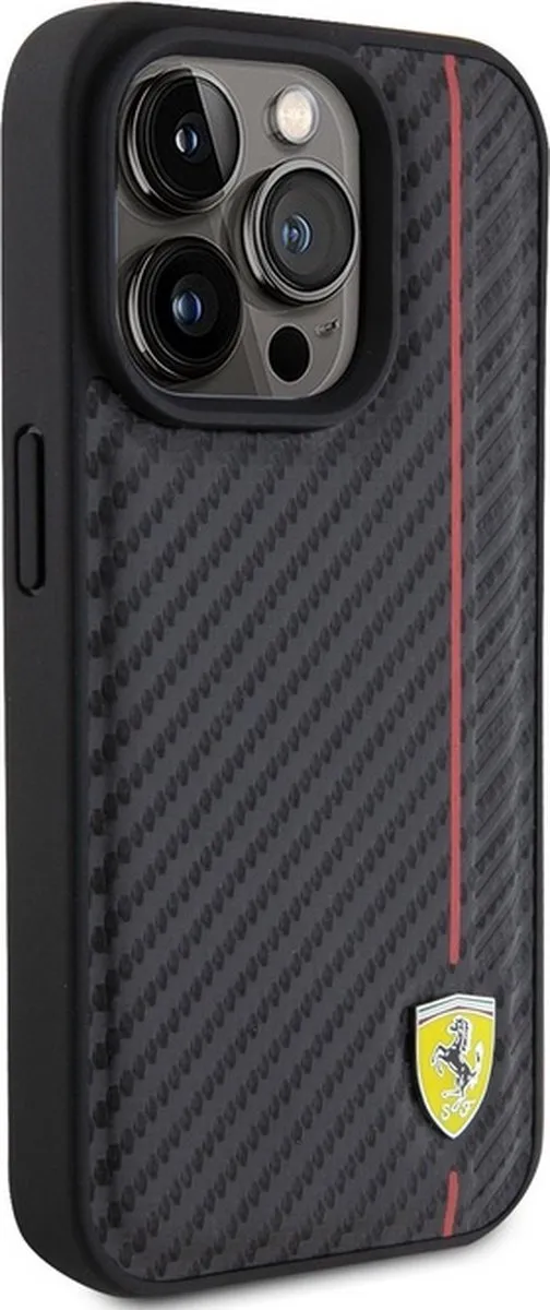 Ferrari Carbon Red Stripe Hoes iPhone 15 Pro - Zwart