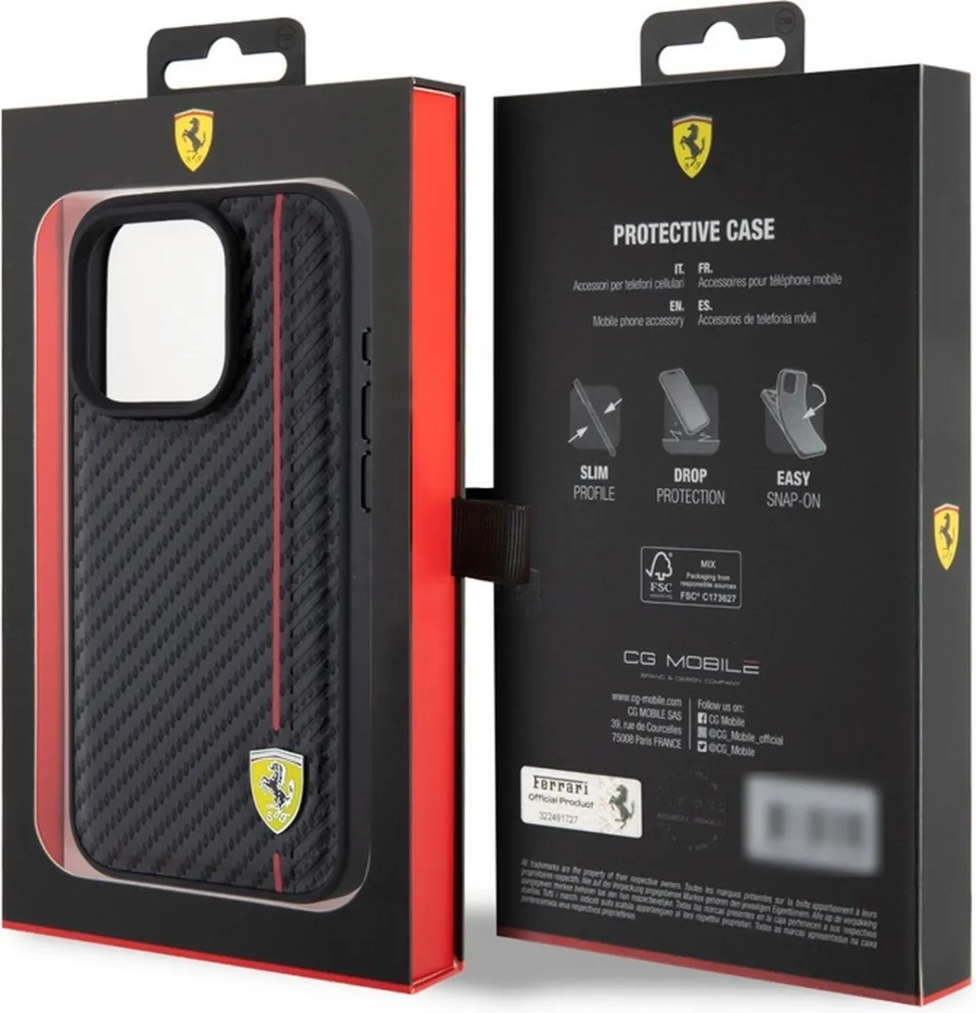 Ferrari Carbon Red Stripe Hoes iPhone 15 Pro - Zwart