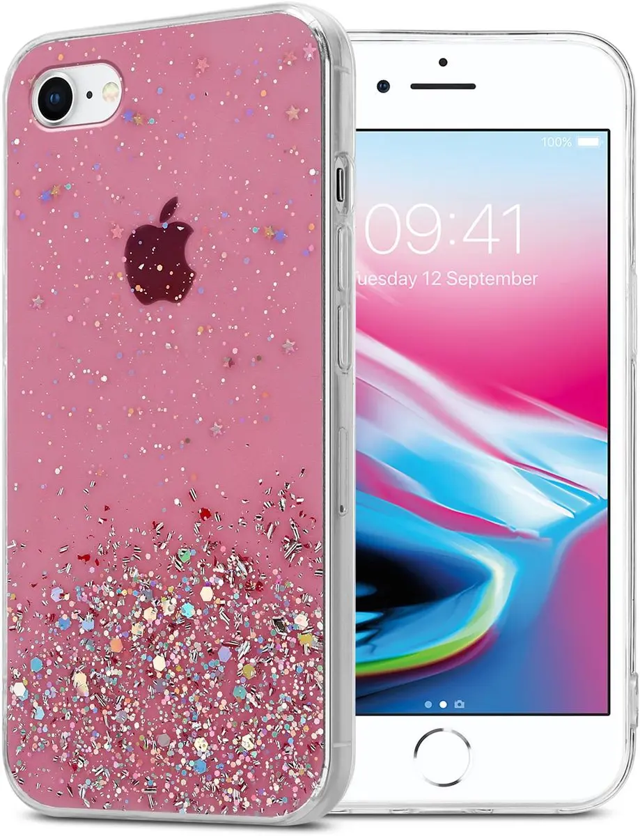 Cadorabo Hoesje geschikt voor Apple iPhone 7 / 7S / 8 / SE 2020 in Roze met Glitter - Beschermhoes van flexibel TPU silicone met fonkelende glitters Case Cover Etui