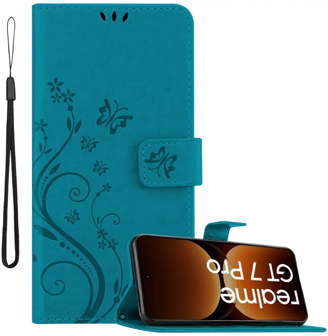 Cadorabo Hoesje geschikt voor Realme GT7 Pro in BLOEMEN BLAUW - Beschermhoes in bloemmotief met magnetische sluiting, standfunctie en kaartsleuven Book Case Cover Etui