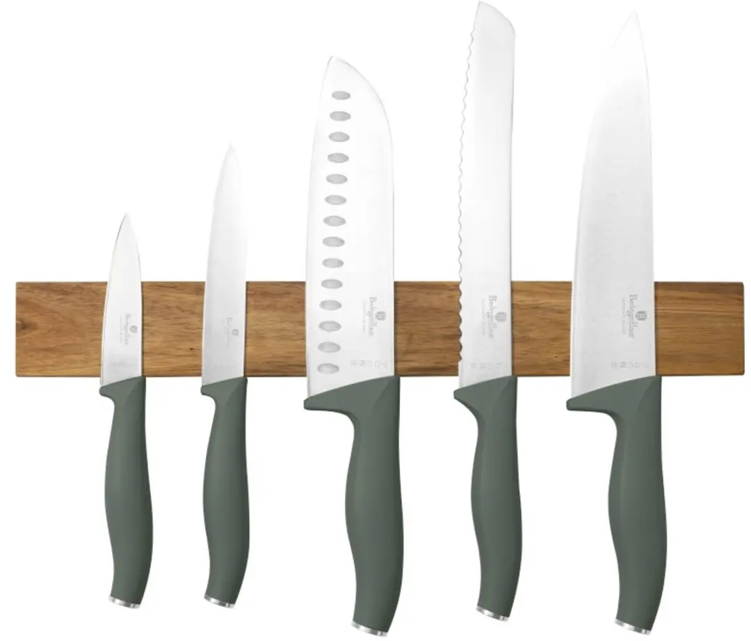 Messenset met magnetische houder van acaciahout, 6 stuks, Matte Green Collection