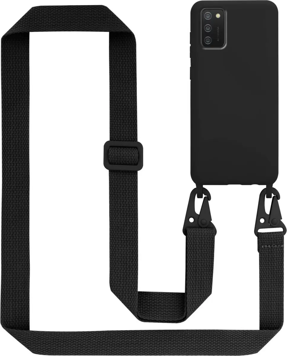 Cadorabo Mobiele telefoon ketting geschikt voor Samsung Galaxy A02s in LIQUID ZWART - Silicone beschermhoes met lengte verstelbare koord riem