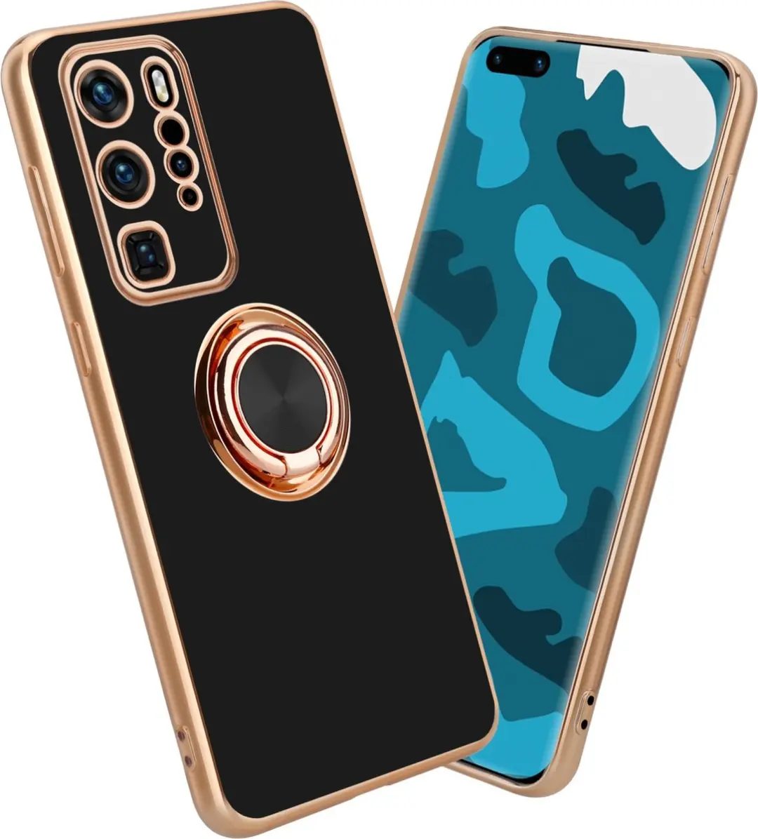 Cadorabo Hoesje geschikt voor Huawei P40 PRO in Glossy Zwart - Goud met ring - Beschermhoes van flexibel TPU-silicone Case Cover met camerabescherming en magnetische autohouder