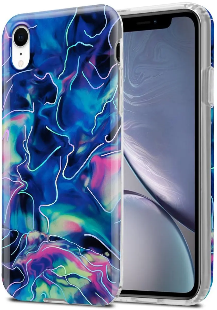 Cadorabo Hoesje geschikt voor Apple iPhone XR in Blauw Roze marmer No. 17