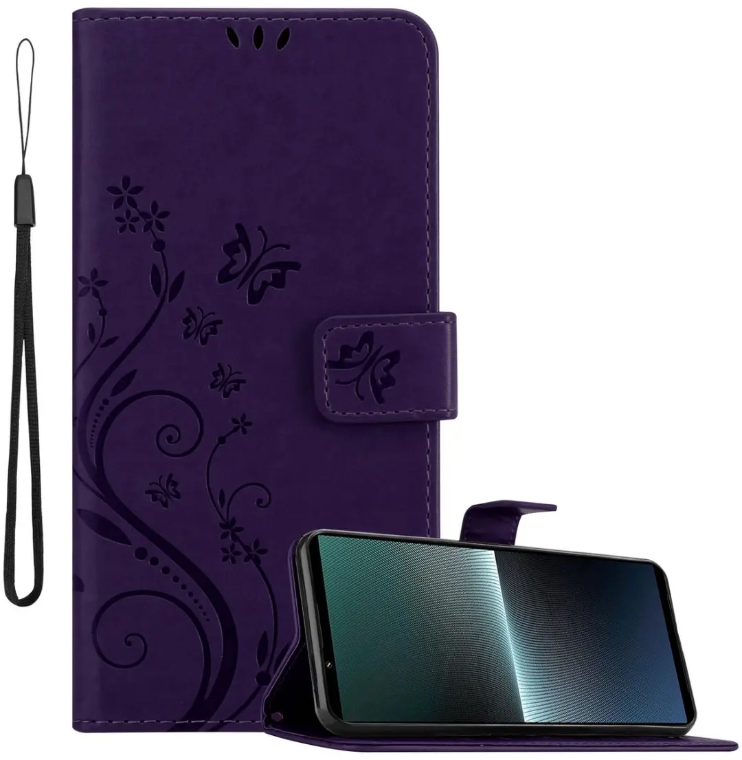 Cadorabo Hoesje geschikt voor Sony Xperia 1 V in BLOEMEN DONKER PAARS