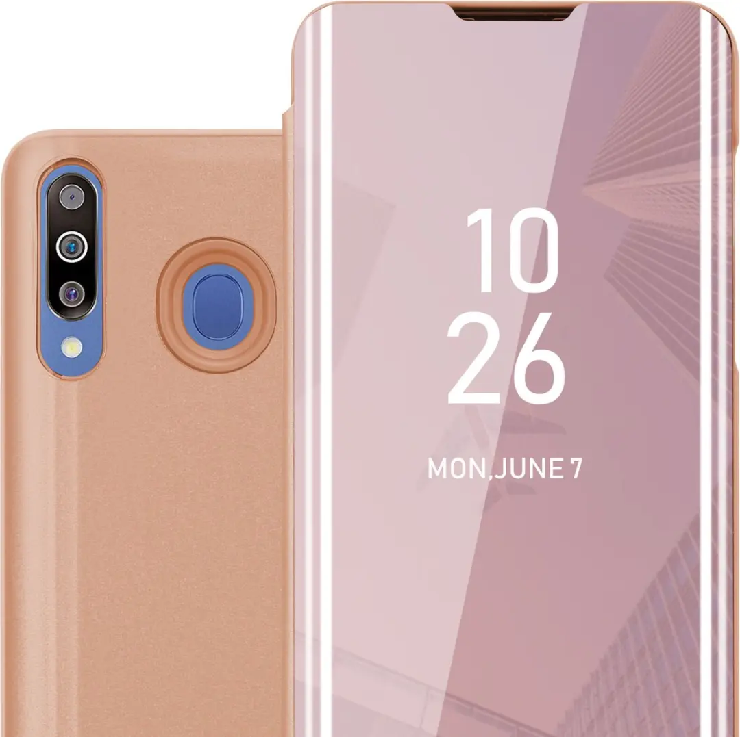 Cadorabo Hoesje geschikt voor Samsung Galaxy M30 / A40s in KUNZIET ROZE - Clear View Spiegel Beschermende Case met Tribunefunctie 360 Graden Bescherming Book Case Cover Etui