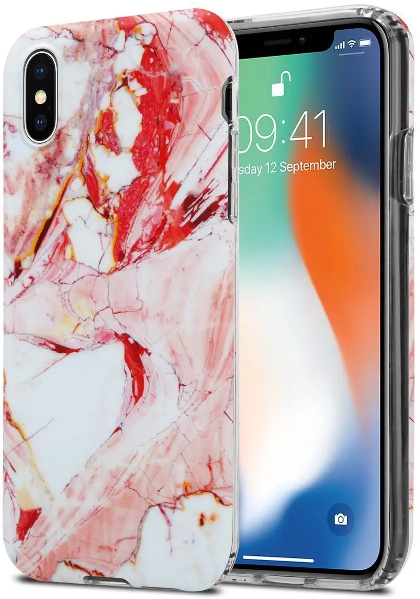 Cadorabo Hoesje geschikt voor Apple iPhone X / XS in Wit Roze Marmer No. 20
