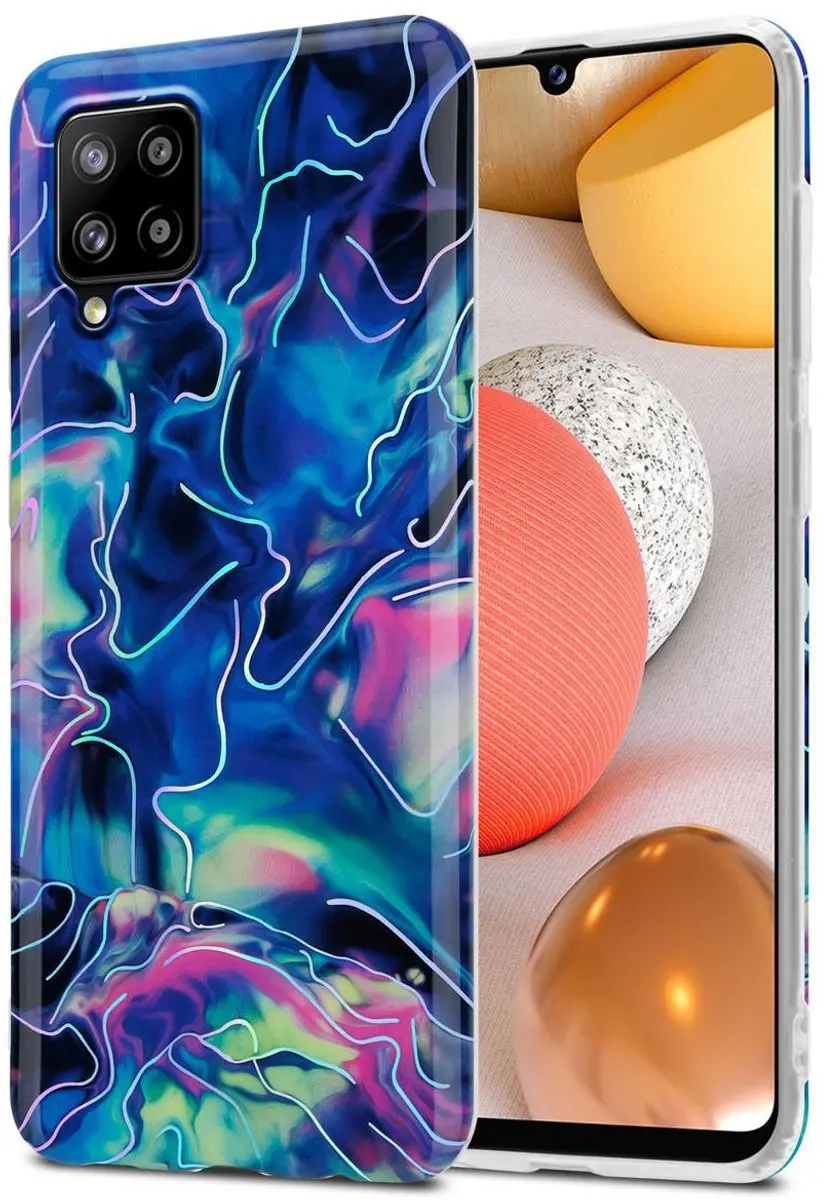 Cadorabo Hoesje geschikt voor Samsung Galaxy A42 4G in Blauw Roze marmer No. 17