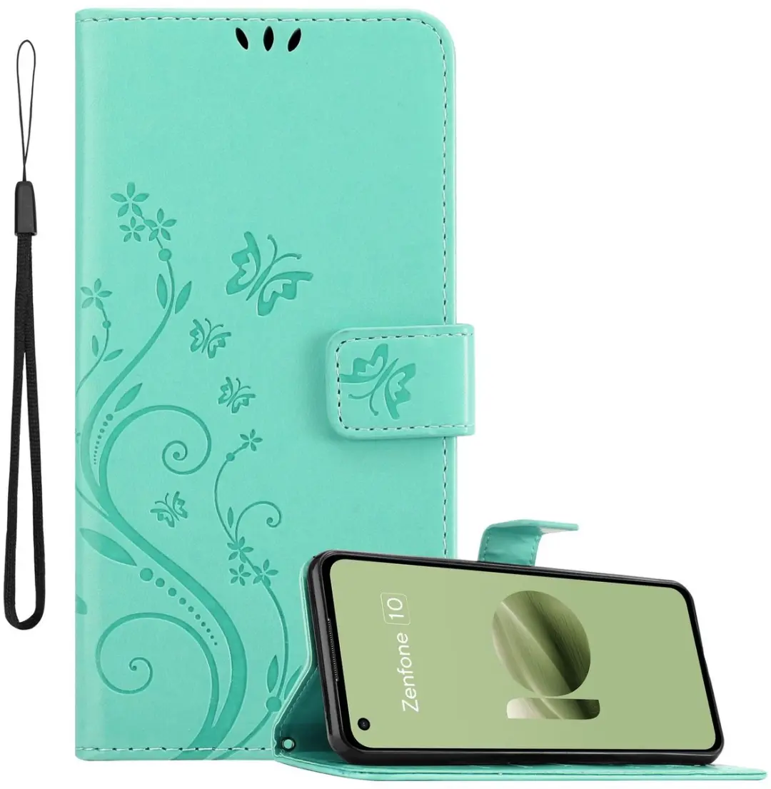 Cadorabo Hoesje geschikt voor Asus Zenfone 10 in BLOEMEN TURKOOIS - Beschermhoes in bloemmotief met magnetische sluiting, standfunctie en kaartsleuven Book Case Cover Etui