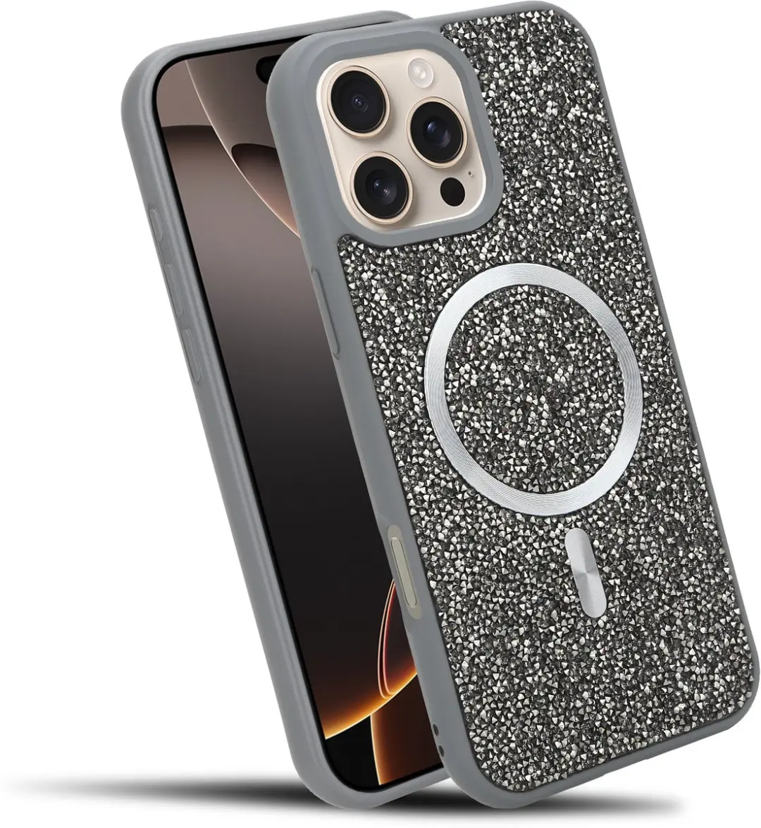 Hoesje geschikt voor iPhone 16 PRO MAX in Grijs Diamant Glitter Stijl