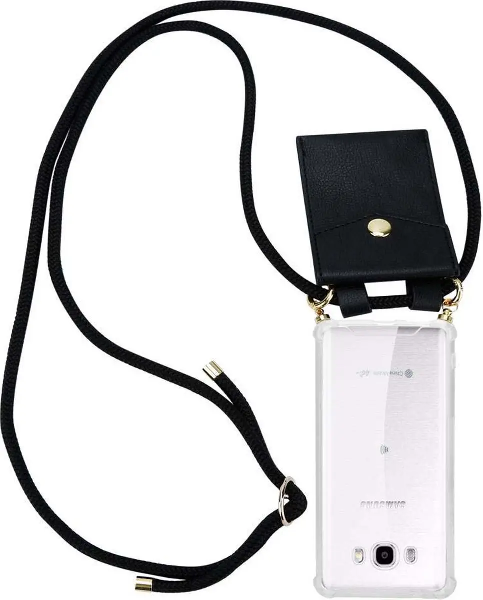 Cadorabo Hoesje geschikt voor Samsung Galaxy J7 2016 in ZWART - Silicone Mobiele telefoon ketting beschermhoes met gouden ringen, koordriem en afneembare etui