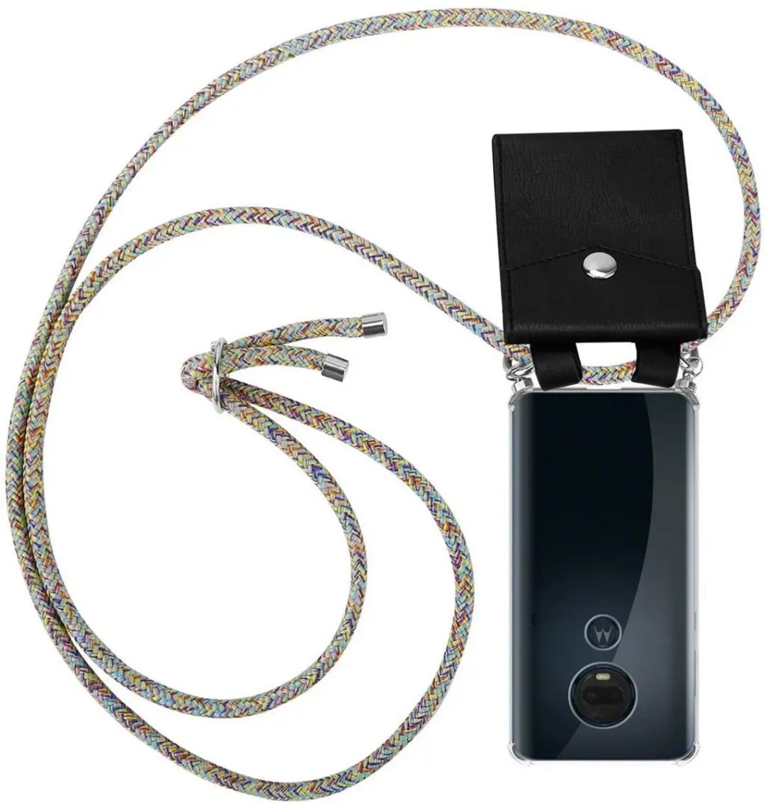 Cadorabo Hoesje geschikt voor Motorola MOTO G7 / G7 PLUS in REGENBOOG - Silicone Mobiele telefoon ketting beschermhoes met zilveren ringen, koordriem en afneembaar etui