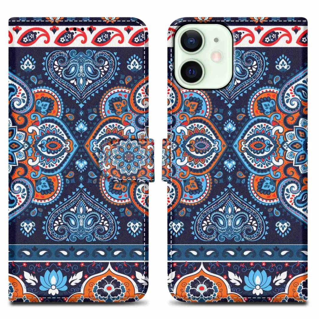 Cadorabo Hoesje geschikt voor Apple iPhone 12 MINI - Design Blauwe Mandala No. 1 - Beschermhoes Case Cover met magnetische sluiting, standaardfunctie en kaartvakje