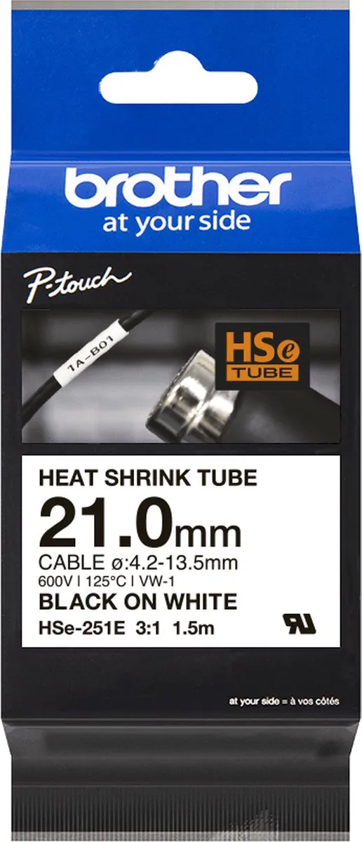 Brother HSE251E Labeltape Krimpkous - 21mm Wit/Zwart - 1.5m