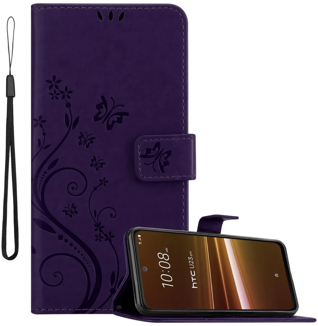 Cadorabo Hoesje geschikt voor HTC U23 PRO in BLOEMEN DONKER PAARS - Beschermhoes in bloemmotief met magnetische sluiting, standfunctie en kaartsleuven Book Case Cover Etui
