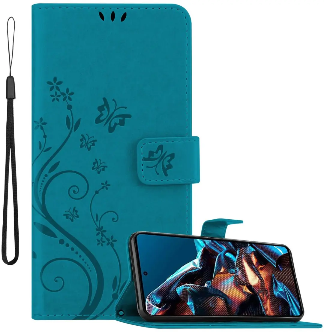 Cadorabo Hoesje geschikt voor Xiaomi Poco X5 Pro in BLOEMEN BLAUW - Beschermhoes in bloemmotief met magnetische sluiting, standfunctie en kaartsleuven Book Case Cover Etui