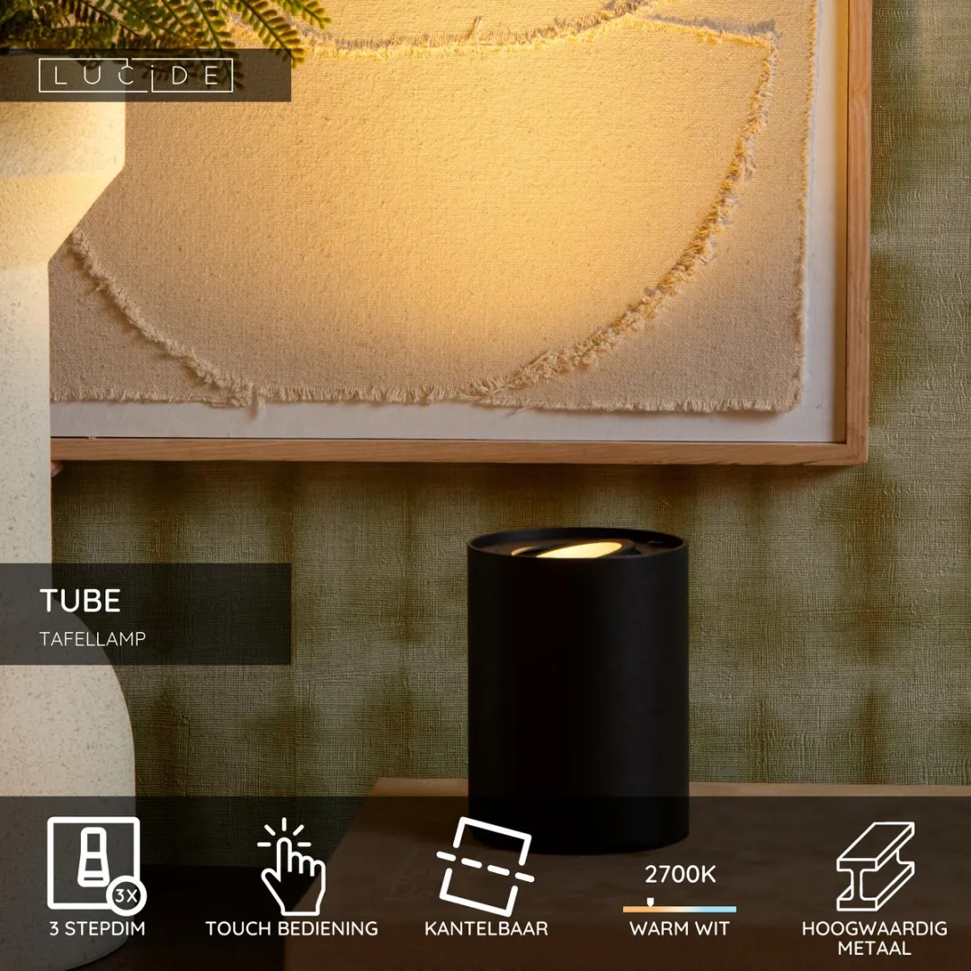 Lucide TUBE Tafellamp Ø9,6cm LED 3 StepDim GU10 5W 2700K - Zwart