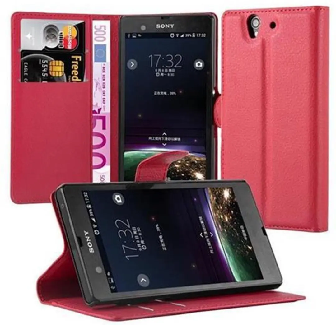 Cadorabo Hoesje geschikt voor Sony Xperia Z in KARMIJN ROOD - Beschermhoes met magnetische sluiting, standfunctie en kaartvakje Book Case Cover Etui