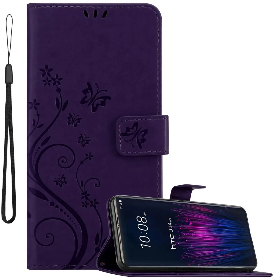Cadorabo Hoesje geschikt voor HTC U24 PRO in BLOEMEN DONKER PAARS - Beschermhoes in bloemmotief met magnetische sluiting, standfunctie en kaartsleuven Book Case Cover Etui