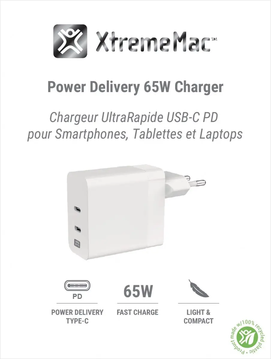 XtremeMac XWH-SPC60-03 Dual USB-C Lader 65W - Wit - afbeelding 4 van 6